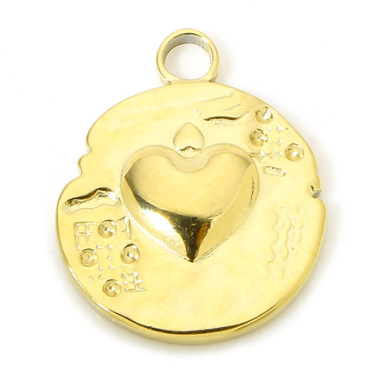 Picture of 1 Piece Vacuum Plating 304 Stainless Steel Hammered Charms Gold Plated Round Heart 19.5mm x 16mm