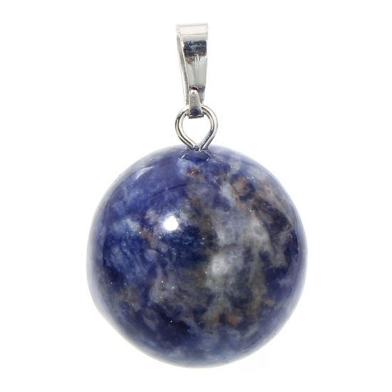 Picture of 1 Piece Blue-vein Stone ( Natural ) Charm Pendant Blue Ball 28mm x 18mm