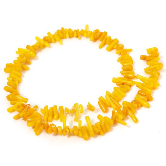 Bild von 1 Strang (ca. 250–120 Stück/Strang) Koralle (natürlich gefärbt) Perlen für die Herstellung von selbstgemachten Charm-Schmuckstücken, unregelmäßiges Gelb, ca. 22 x 8 mm – 6 x 4 mm, Loch: ca. 0,5 mm, 40 cm (15 6/8 Zoll) lang
