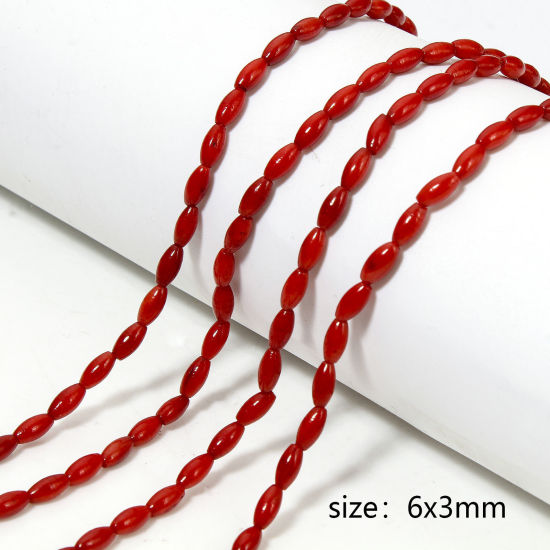 Picture of 1 Strand (Approx 64 PCs/Strand) Coral ( Natural Dyed ) Beads For DIY Charm Jewelry Making Rice Grain Dark Red About 6mm x 3mm, Hole: Approx 0.5mm, 40cm(15 6/8") long