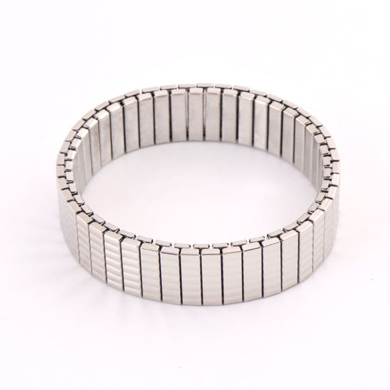 Picture of 1 Piece 304 Stainless Steel Men's Bangles Bracelets Silver Tone Stripe Elastic 19cm(7 4/8") long, 14mm wide