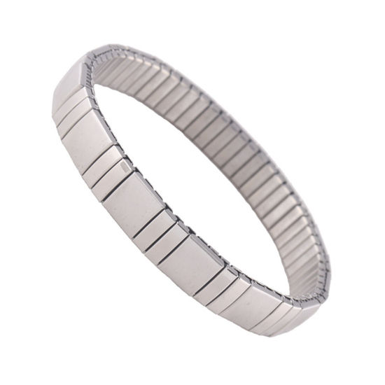 Picture of 1 Piece 304 Stainless Steel Men's Bangles Bracelets Silver Tone Rectangle Elastic 19cm(7 4/8") long, 9mm wide