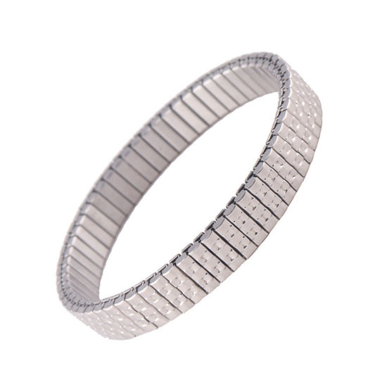Picture of 1 Piece 304 Stainless Steel Men's Bangles Bracelets Silver Tone Texture Elastic 19cm(7 4/8") long, 9mm wide
