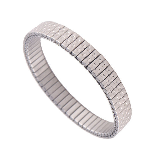 Picture of 1 Piece 304 Stainless Steel Men's Bangles Bracelets Silver Tone Texture Elastic 19cm(7 4/8") long, 9mm wide