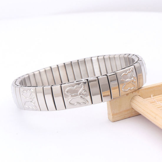 Picture of 1 Piece 304 Stainless Steel Men's Bangles Bracelets Silver Tone Butterfly Elastic 19cm(7 4/8") long, 11mm wide