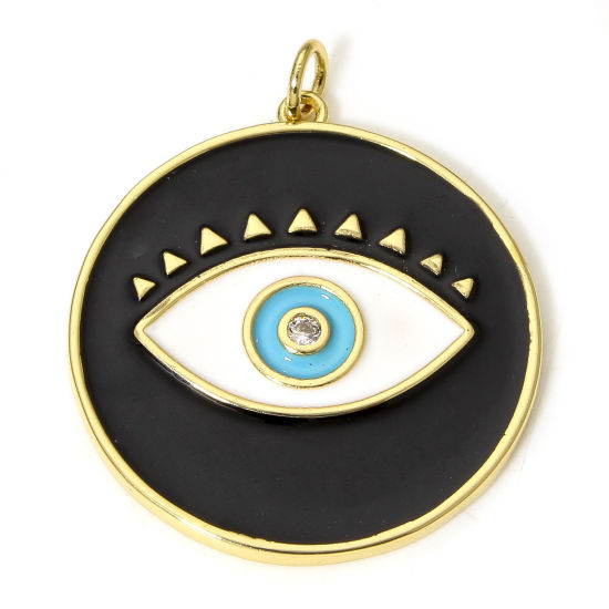 Picture of 1 Piece Eco-friendly Brass Religious Disc Pendants 18K Real Gold Plated Black Round Evil Eye Enamel Clear Cubic Zirconia 3.3cm x 2.7cm