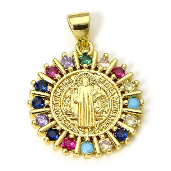 Image de 1 Pièce Pendentif Breloque Religieux en Laiton Respectueux de la Nature Rond Plaqué Or Véritable 18K Médaille Saint-Benoît à Zircone Cubique Multicolore 25mm x 18mm