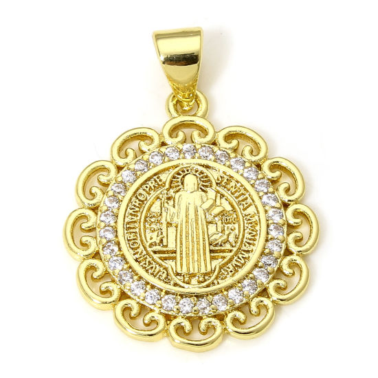 Image de 1 Pièce Pendentif Breloque Religieux en Laiton Respectueux de la Nature Plaqué Or Véritable 18K Médaille Saint-Benoît Micro Pave à Zircone Cubique Clair 25mm x 18mm