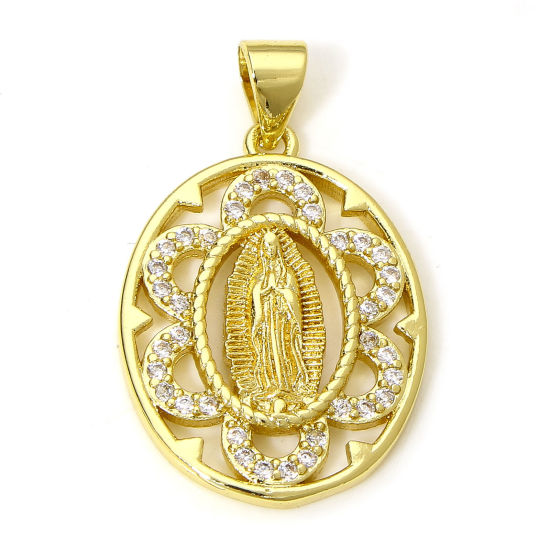 Image de 1 Pièce Pendentif Breloque Religieux en Laiton Respectueux de la Nature Ovale Plaqué Or Véritable 18K Sainte Vierge Marie Micro Pave à Zircone Cubique Clair 27mm x 17mm