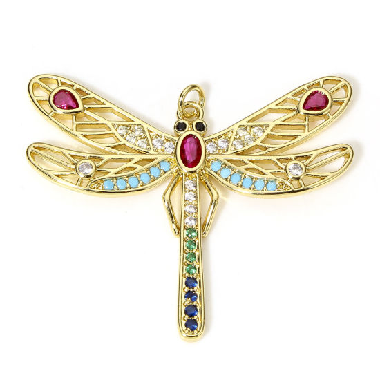 Image de 1 Pièce Pendentifs Insecte en Laiton Respectueux de la Nature Libellule Plaqué Or Véritable 18K Micro Pave à Zircone Cubique Multicolore 4.5cm x 3.8cm