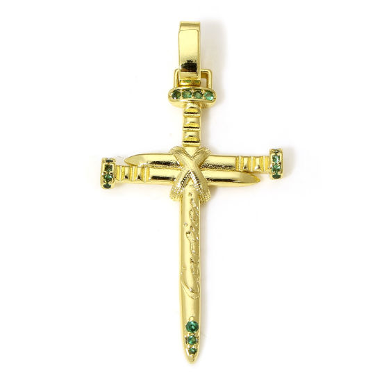 Image de 1 Pièce Pendentifs Religieux en Laiton Respectueux de la Nature Croix Plaqué Or Véritable 18K Micro Pave à Zircone Cubique Vert 4.3cm x 2.2cm
