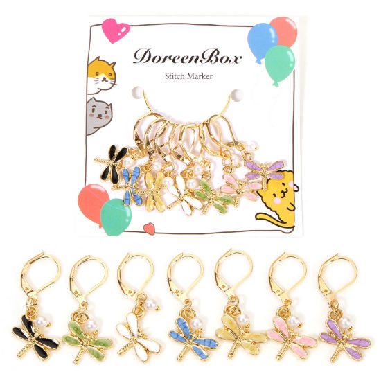 Image de 1 Set ( 7 PCs/Set) Zinc Based Alloy & Acrylic Insect Knitting Stitch Markers Dragonfly Animal Gold Plated Multicolor Imitation Pearl 3.5cm