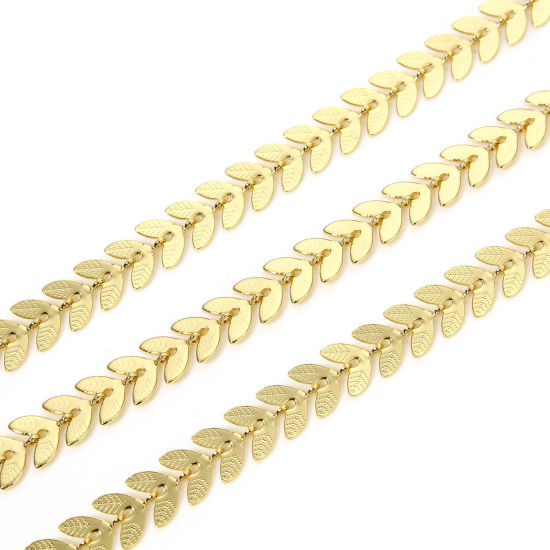 Picture of 1 Yard Eco-friendly Vacuum Plating Brass Stylish Handmade Link Chain For Handmade DIY Jewelry Making Findings Leaf 18K Gold Color 1.8mm
