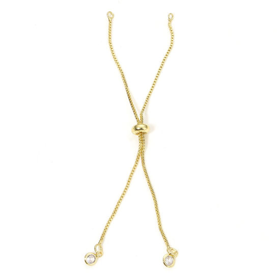 Picture of 1 Piece Eco-friendly Vacuum Plating Brass Simple Semi-finished Adjustable Slider/ Slide Bolo Bracelets For DIY Handmade Jewelry Making Box Chain 18K Gold Plated Clear Rhinestone 11cm(4 3/8") long