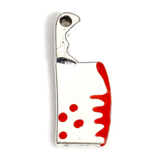 Picture of 10 PCs Zinc Based Alloy Halloween Charms Antique Silver Color Red Knife Enamel 23mm x 9mm