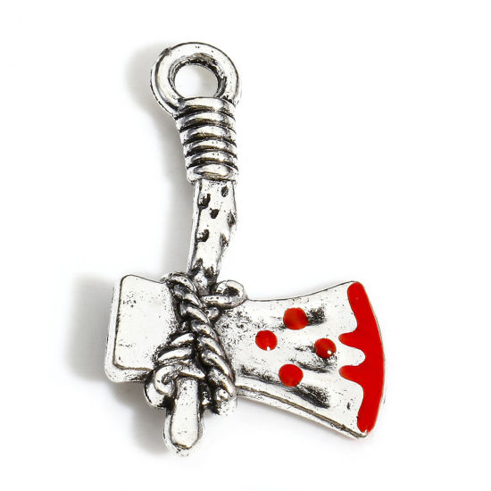 Picture of 10 PCs Zinc Based Alloy Halloween Charms Antique Silver Color Red Axe Enamel 28mm x 17mm