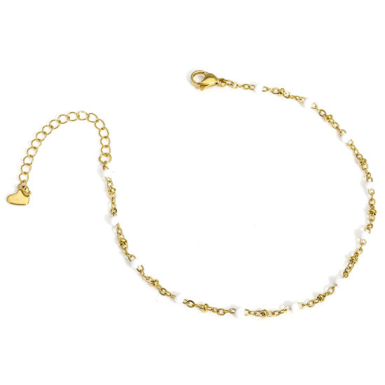 Picture of 1 Piece 304 Stainless Steel Handmade Link Chain Anklet 18K Gold Color White Enamel 22cm(8 5/8") long