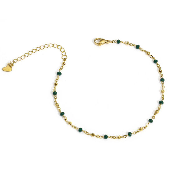 Picture of 1 Piece 304 Stainless Steel Handmade Link Chain Anklet 18K Gold Color Dark Green Enamel 22cm(8 5/8") long