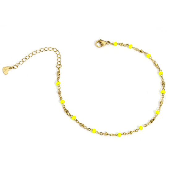 Picture of 1 Piece 304 Stainless Steel Handmade Link Chain Anklet 18K Gold Color Neon Yellow Enamel 22cm(8 5/8") long