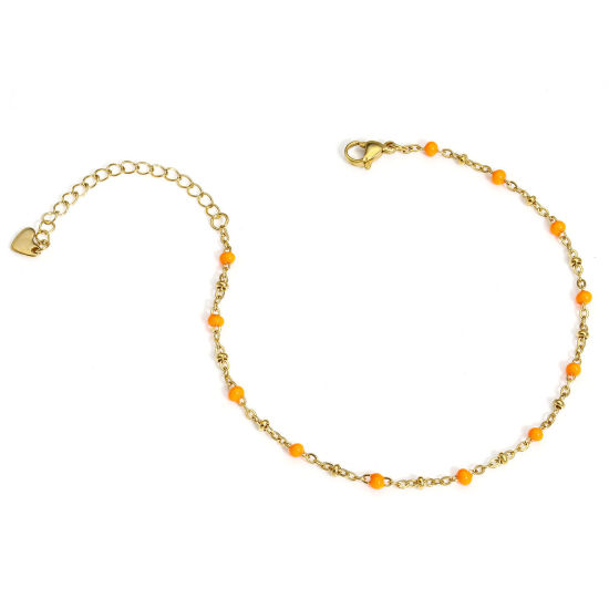 Picture of 1 Piece 304 Stainless Steel Handmade Link Chain Anklet 18K Gold Color Neon Orange Enamel 22cm(8 5/8") long