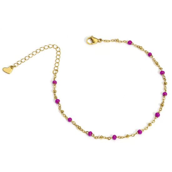 Picture of 1 Piece 304 Stainless Steel Handmade Link Chain Anklet 18K Gold Color Purple Enamel 22cm(8 5/8") long