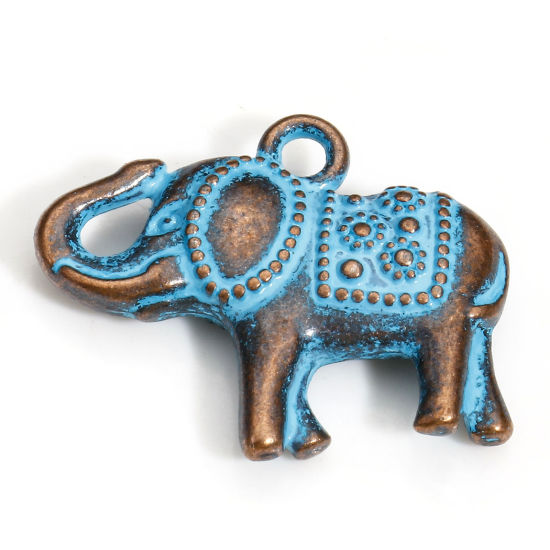 Bild von 20 Stück Zinklegierung Charms Rotkupferfarbe Blau Elefant Patina 22mm x 18mm