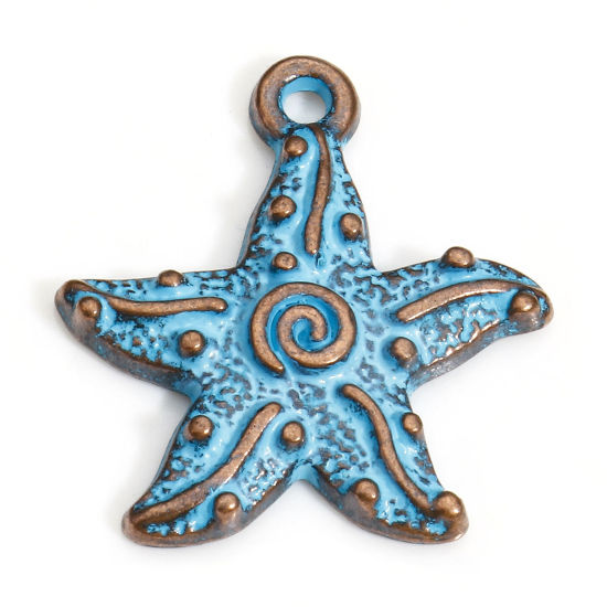 Image de 20 PCs Zinc Based Alloy Ocean Jewelry Charms Antique Copper Blue Star Fish Spiral Patina 20mm x 18mm