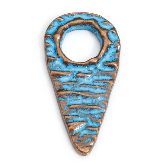 Picture of 20 PCs Zinc Based Alloy Ethnic Charms Antique Copper Blue Triangle Texture Patina 20.5mm x 10mm