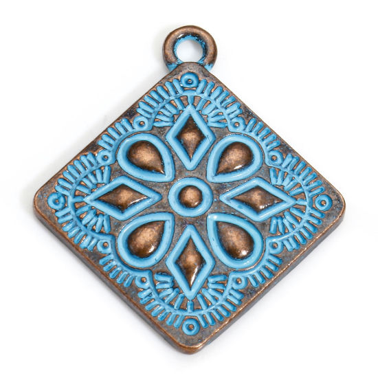 Picture of 20 PCs Zinc Based Alloy Ethnic Charms Antique Copper Blue Rhombus Carved Pattern Patina 28mm x 25mm