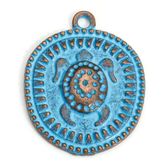 Picture of 20 PCs Zinc Based Alloy Ocean Jewelry Charms Antique Copper Blue Oval Tortoise Patina 28mm x 22mm