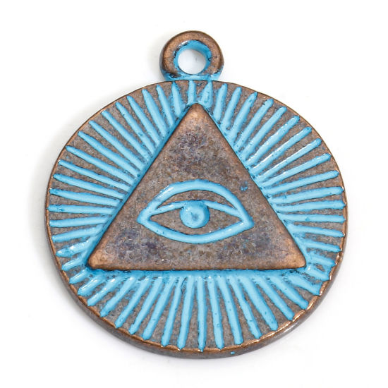 Bild von 20 Stück Zinklegierung Religiös Charms Rotkupferfarbe Blau Rund Auge der Vorsehung/ Allsehendes Auge Patina 20mm x 17mm