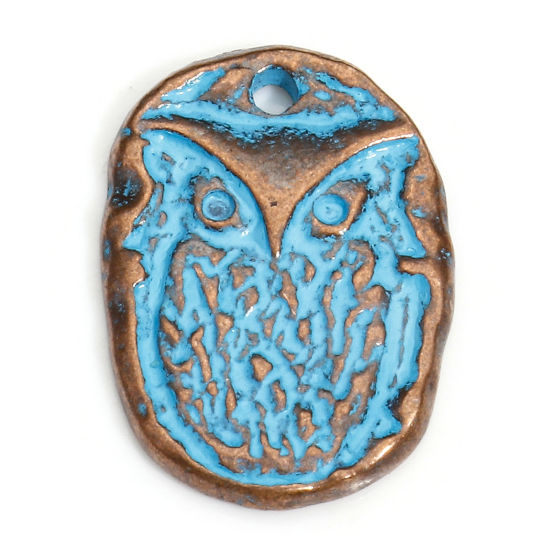 Picture of 20 PCs Zinc Based Alloy Maya Charms Antique Copper Blue Oval Owl Patina 17mm x 12mm
