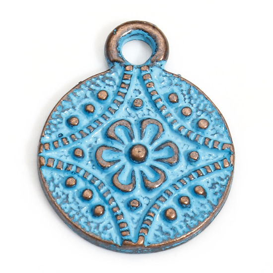 Picture of 20 PCs Zinc Based Alloy Ethnic Charms Antique Copper Blue Round Carved Pattern Patina 16.5mm x 13mm