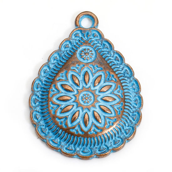 Picture of 20 PCs Copper Ethnic Charms Antique Copper Blue Drop Carved Pattern Patina 28mm x 21mm