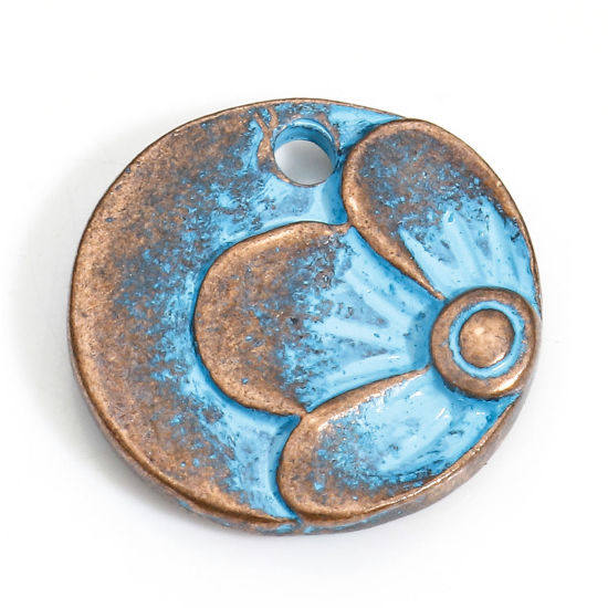 Picture of 20 PCs Zinc Based Alloy Charms Antique Copper Blue Round Flower Patina 15mm Dia.
