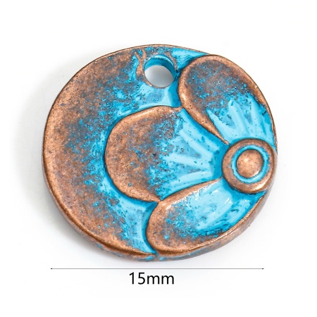 Picture of 20 PCs Zinc Based Alloy Charms Antique Copper Blue Patina Finish Verdigris Effect Round Flower 15mm Dia.