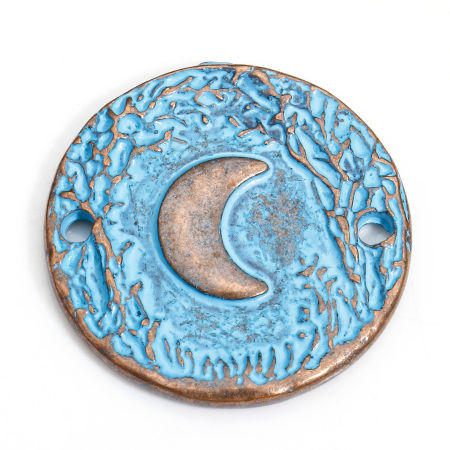 Immagine di 10 Pz Lega di Zinco Galassia Pendenti Charms Connettori Accessori Tondo Ossido di Rame Blu Luna Disegno Finitura con Patina Effetto Verderame 22mm Dia