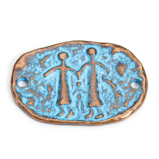 Bild von 10 Stück Zinklegierung Maya Steckverbinder Charms Anhänger Rotkupferfarbe Blau Oval Person Muster Patina, 21.5mm x 14.5mm