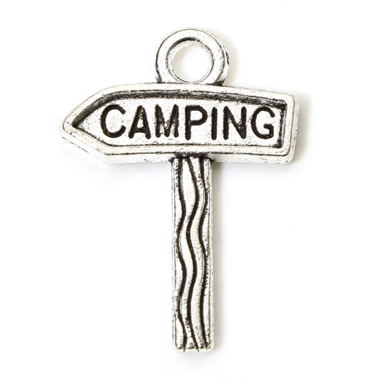 Image de 50 Pcs Breloques en Alliage de Zinc Argent Vieilli Signalisation Routière Mots " CAMPING " 23mm x 17mm