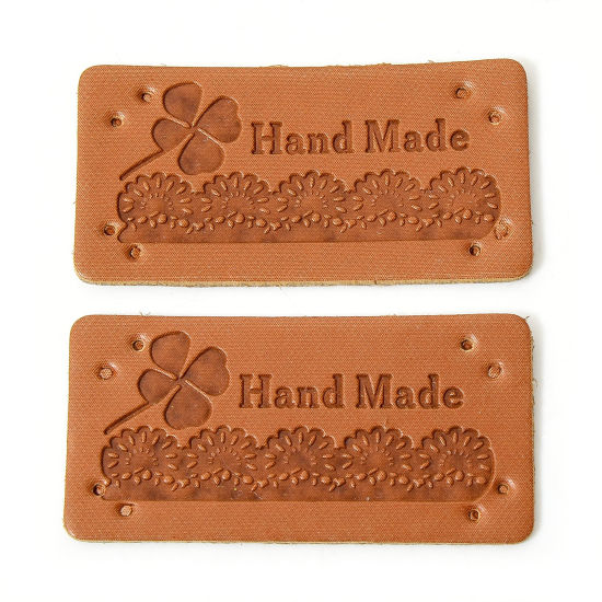 Picture of 50 PCs PU Label Tag For Clothing Rectangle Brown Four Leaf Clover Pattern " Hand Made " 4cm x 2cm
