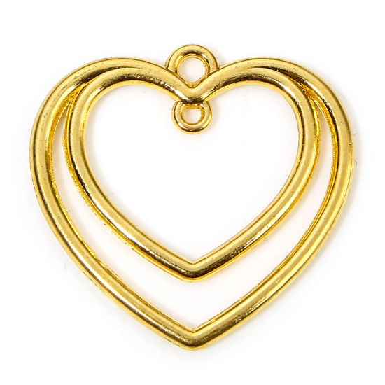 Picture of 20 PCs Zinc Based Alloy Valentine's Day Charms Gold Plated Heart Hollow 26mm x 25mm