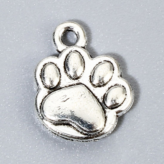 Picture of 50 PCs Pet Memorial Charms Antique Silver Color Dog Paw Claw Double Sided 12mm x 10mm