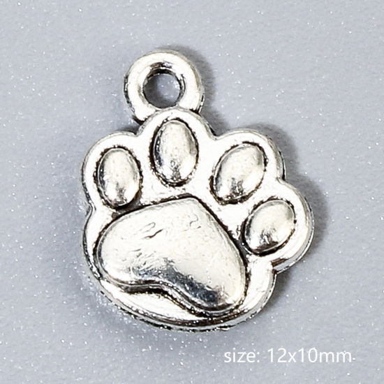 Picture of 50 PCs Pet Memorial Charms Antique Silver Color Dog Paw Claw Double Sided 12mm x 10mm