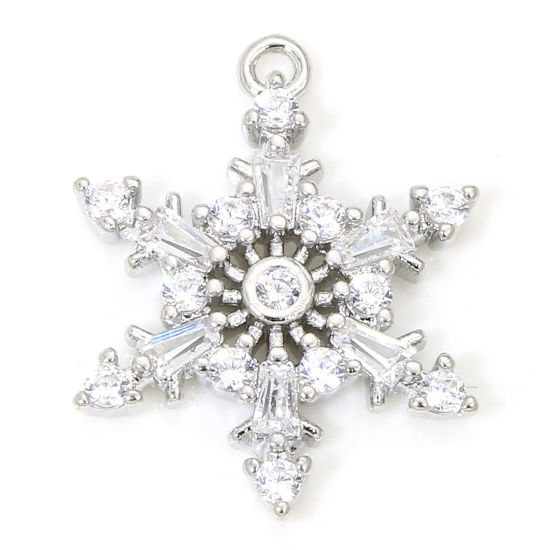 Bild von 1 Stück Umweltfreundlich Messing Weihnachten Charms Echt Platin plattiert Weihnachten Schneeflocke Klar Zirkonia 17mm x 13mm