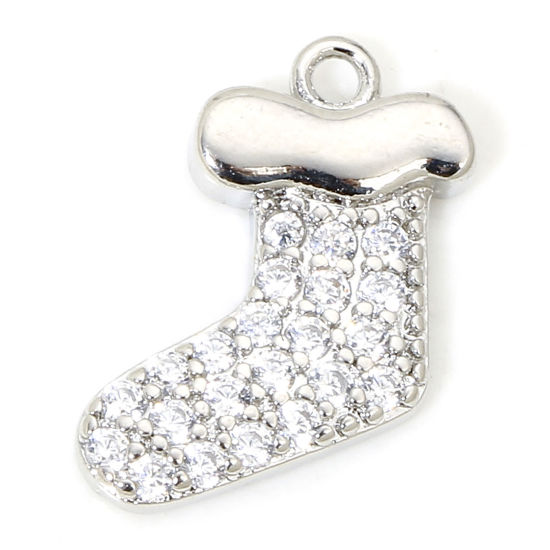 Bild von 1 Stück Umweltfreundlich Messing Weihnachten Charms Echt Platin plattiert Socke Micro Pave Klar Zirkonia 13mm x 10mm