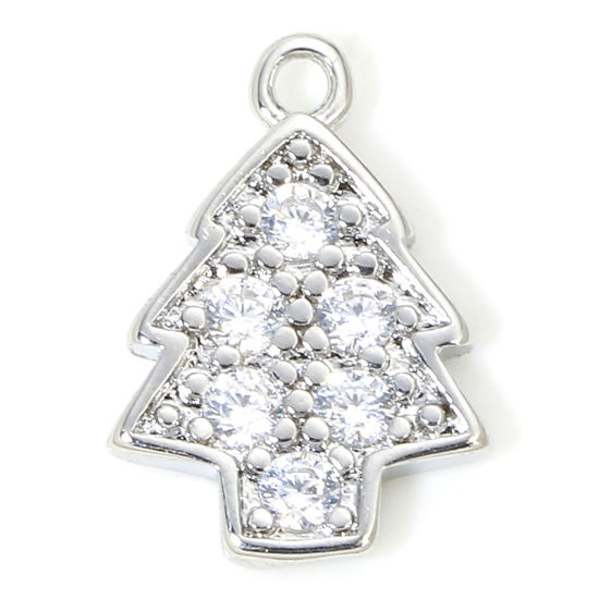 Bild von 1 Stück Umweltfreundlich Messing Weihnachten Charms Echt Platin plattiert Weihnachten Weihnachtsbaum Micro Pave Klar Zirkonia 12mm x 9mm