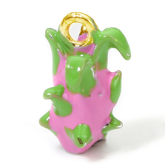 Picture of 1 Piece Eco-friendly Brass Charms 18K Real Gold Plated Pink & Green Pitaya 3D Enamel 15mm x 7.5mm