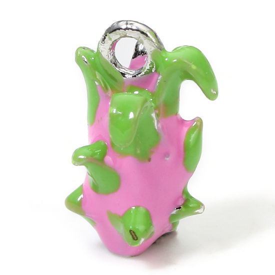 Picture of 1 Piece Eco-friendly Brass Charms Real Platinum Plated Pink & Green Pitaya 3D Enamel 15mm x 7.5mm