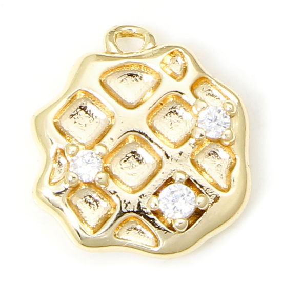 Immagine di 1 Pz Ecologico Ottone Charms Biscotti 18K Vero Oro Placcato Cibo Trasparente Cubic Zirconiae 13.5mm x 12mm