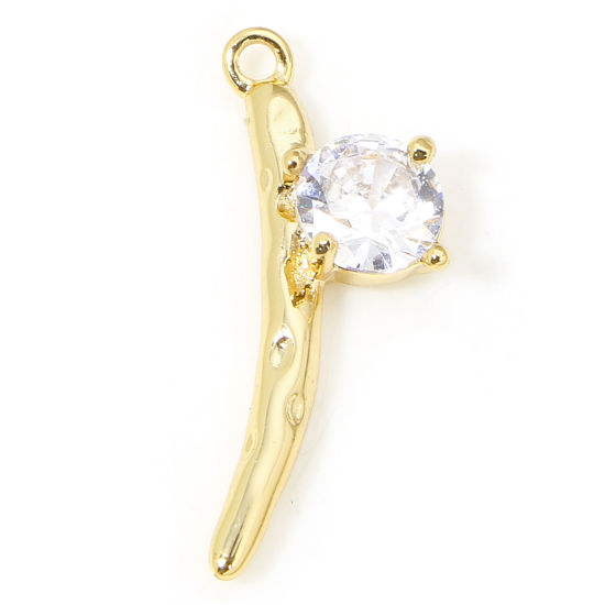 Picture of 2 PCs Eco-friendly Brass Charms 18K Real Gold Plated Branch Clear Cubic Zirconia 18.5mm x 6.5mm